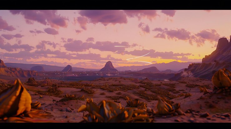 Photo there is a picture of a desert scene with a plane flying in the sky