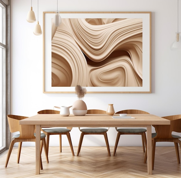 there is a picture of a dining room with a table and chairs generative ai