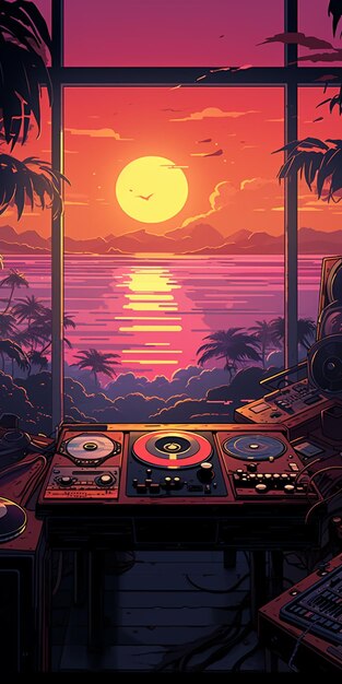 there is a picture of a dj booth with a sunset view generative ai