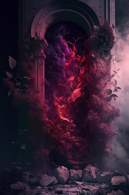 There is a picture of a door with a red and purple smoke coming out of it generative ai