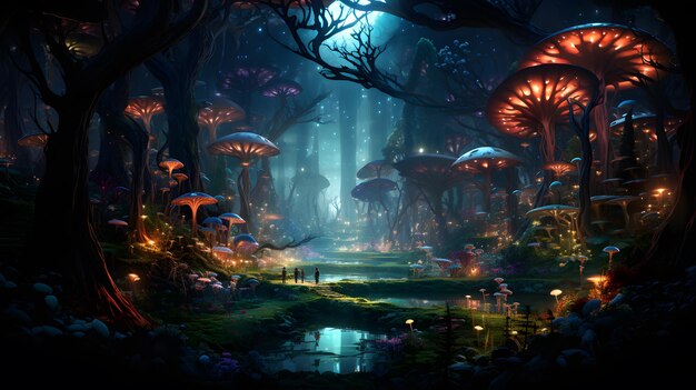 есть картинка фантастического леса с грибами и грибами Генеративный ИИ