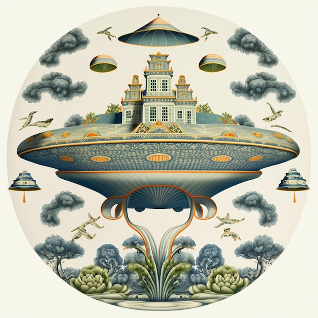 there is a picture of a flying object with a castle on it generative ai