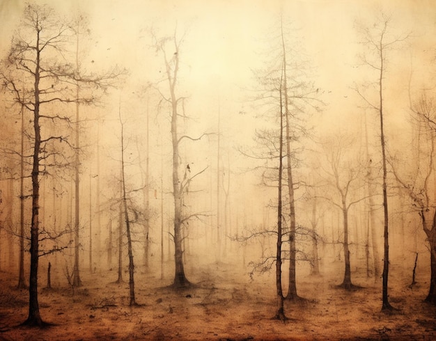 木が生えた霧の森の画像があります 生成 AI