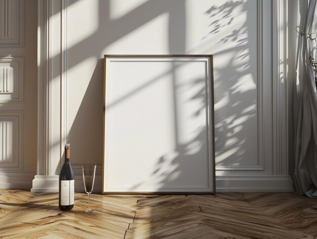 there is a picture frame and a bottle of wine on the floor generative ai