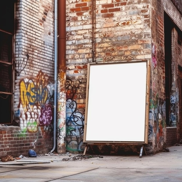 There is a picture frame on the ground in front of a building generative ai