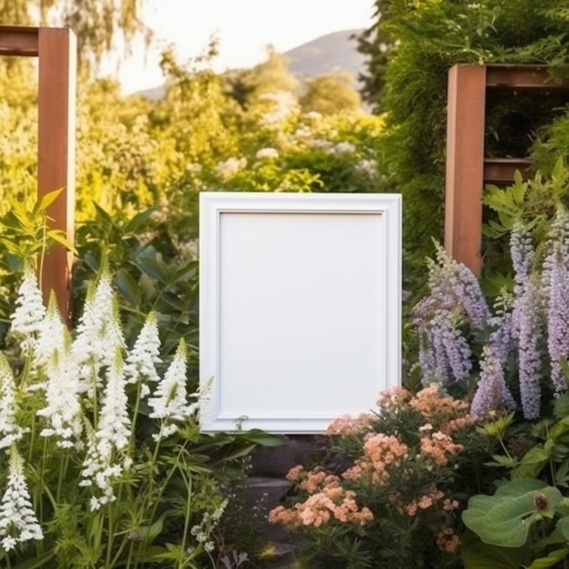 There is a picture frame in the middle of a garden generative ai