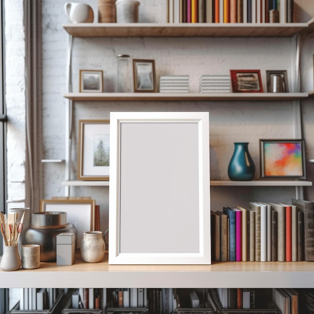 Photo there is a picture frame on a shelf in a room generative ai