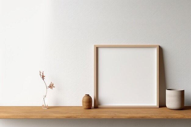 there is a picture frame on a shelf with a vase and a vase generative ai