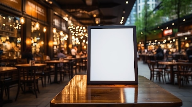 Photo there is a picture frame on a table in a restaurant generative ai