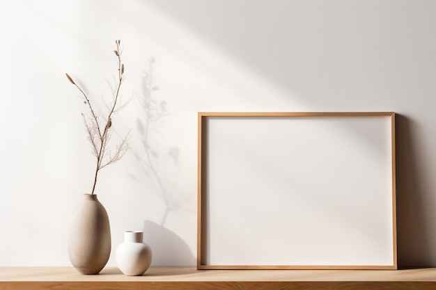 there is a picture frame and a vase on a shelf generative ai