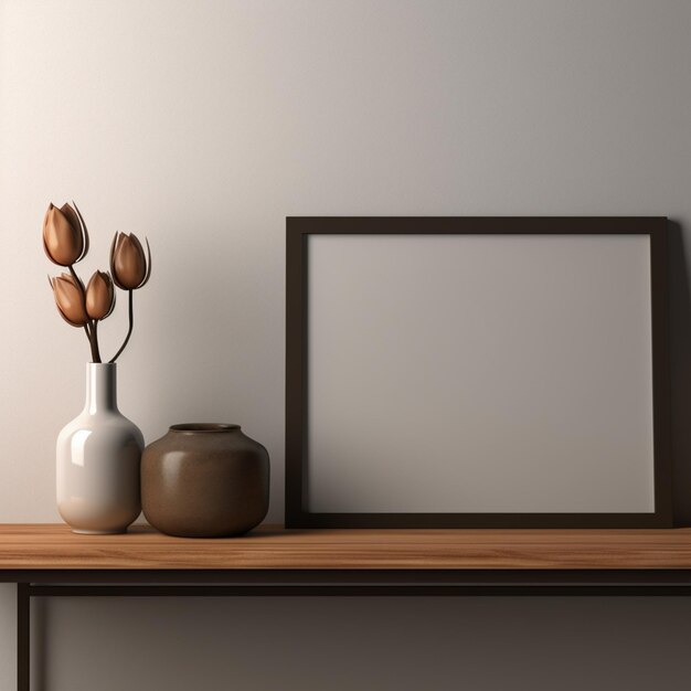 there is a picture frame and vase on a shelf with flowers generative ai