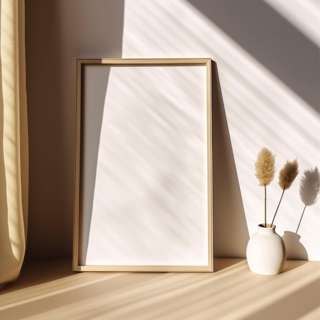 There is a picture frame with a plant in a vase on a shelf generative ai