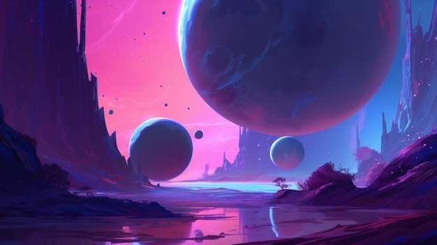 There is a picture of a futuristic landscape with planets in the sky generative ai