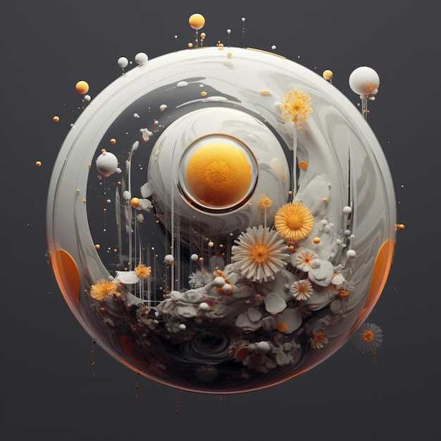 there is a picture of a glass ball with flowers and oranges generative ai