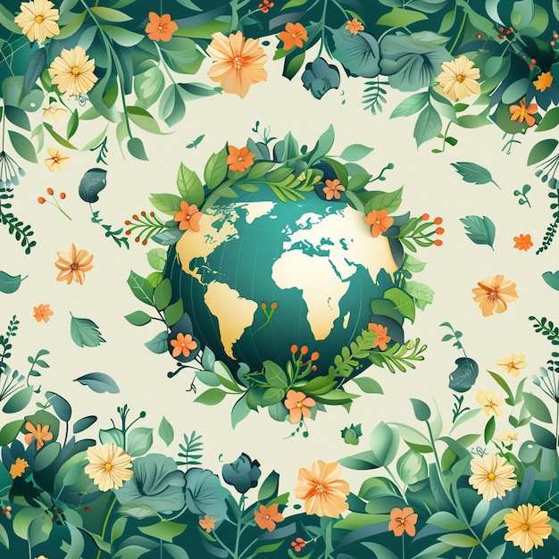 there is a picture of a globe surrounded by flowers and leaves generative ai