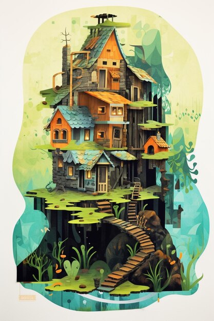 There is a picture of a house on a small island generative ai