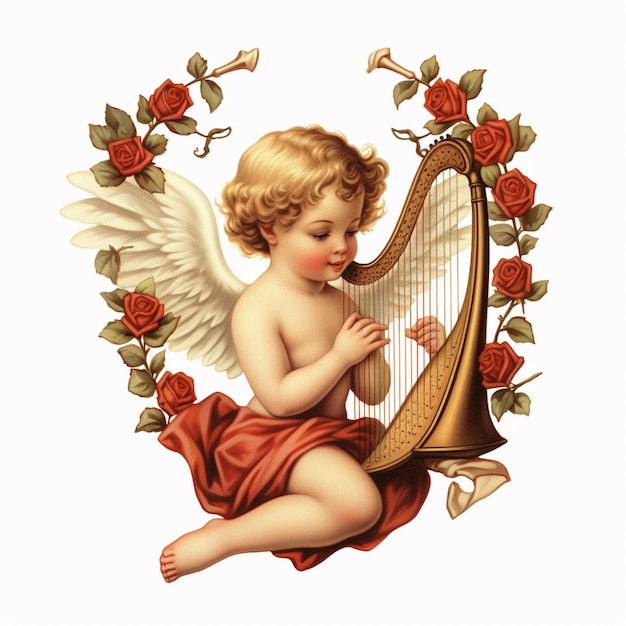 there is a picture of a little angel playing a harp generative ai