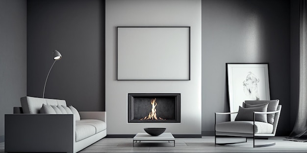 There is a picture of living room with fireplace and couch generative ai