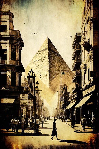 There is a picture of a man walking down a street in front of a pyramid generative ai