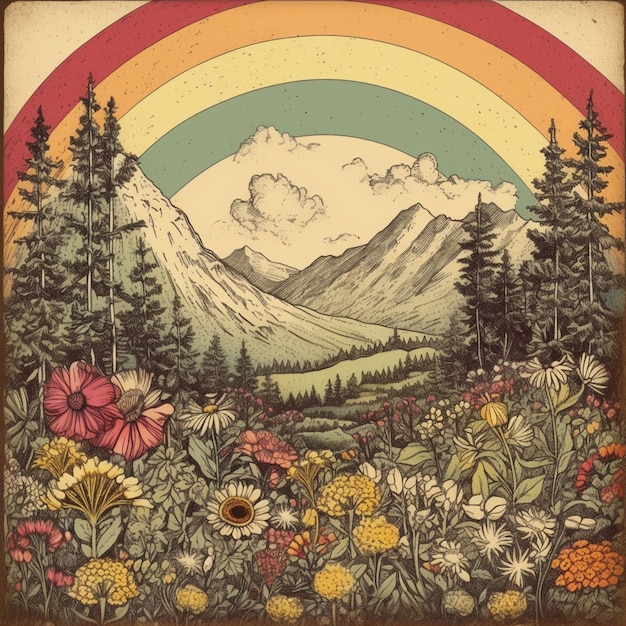 there is a picture of a mountain scene with a rainbow in the sky generative ai