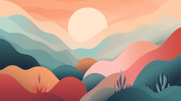 There is a picture of a mountain scene with a sun in the sky generative ai