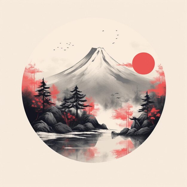 There is a picture of a mountain with a lake and trees generative ai