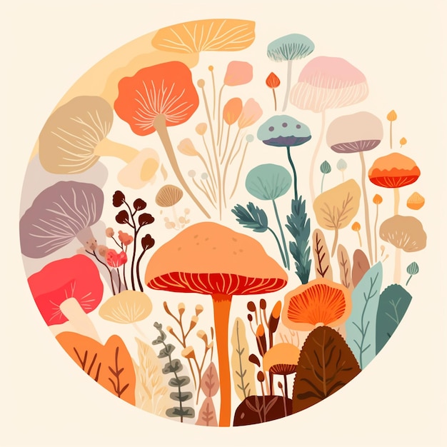 Photo there is a picture of a mushroom in a circle with many different colors generative ai