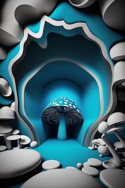 There is a picture of mushroom hole in blue room generative ai