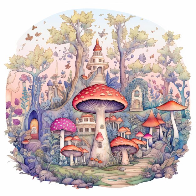 There is a picture of a mushroom house in the middle of a forest generative ai