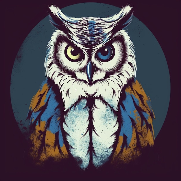 there is a picture of an owl with a blue and yellow shirt generative ai