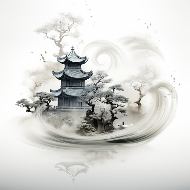 There is a picture of a pagoda in the middle of a body of water generative ai