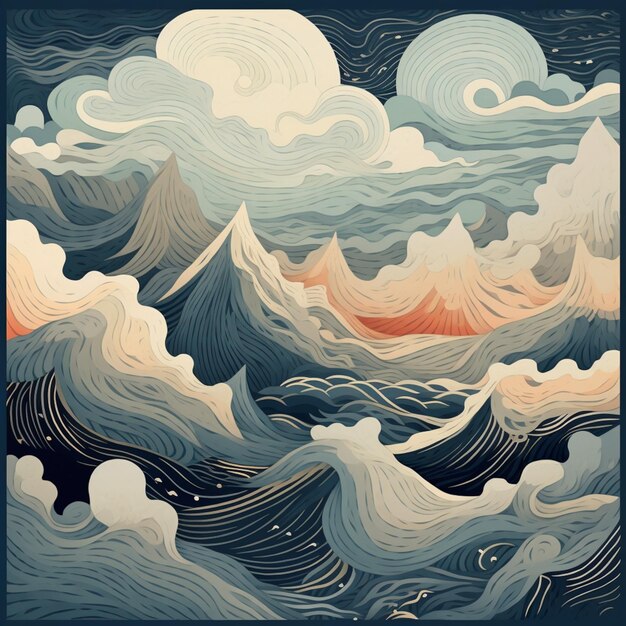 山と海を描いた絵の絵が描かれています