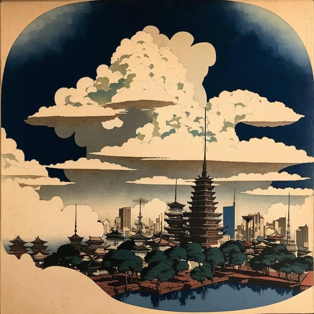 There is a picture of a picture of a city with a sky background generative ai