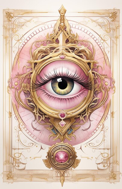 there is a picture of a pink eye with a gold frame generative ai