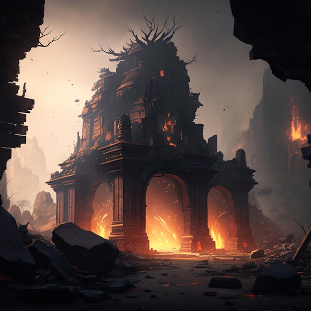 there is a picture of a ruined building with a fire coming out of it generative ai