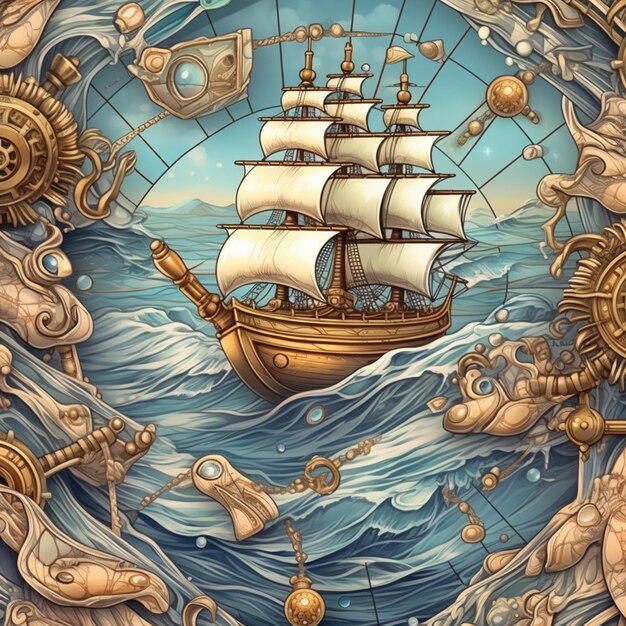 there is a picture of a ship in the ocean with a lot of sea creatures generative ai