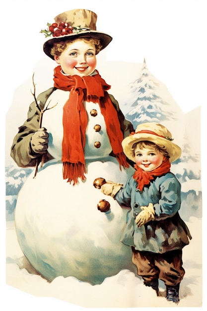 there is a picture of a snowman and a child generative ai