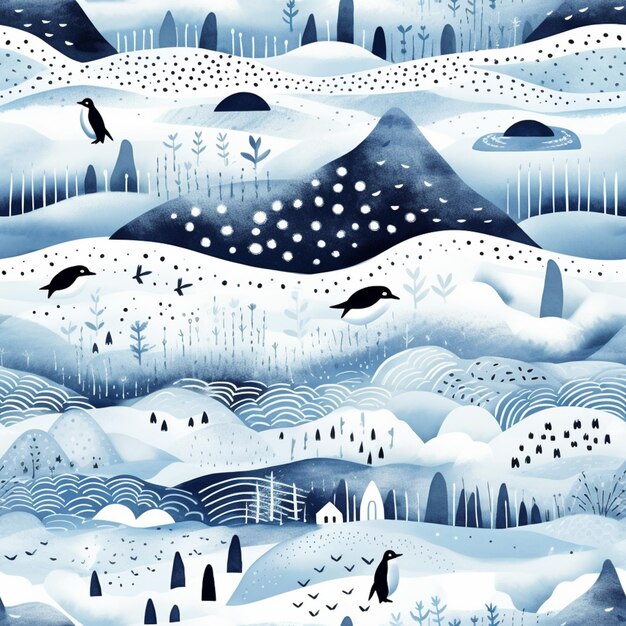 Есть картина снежного пейзажа с пингвинами и деревьями.