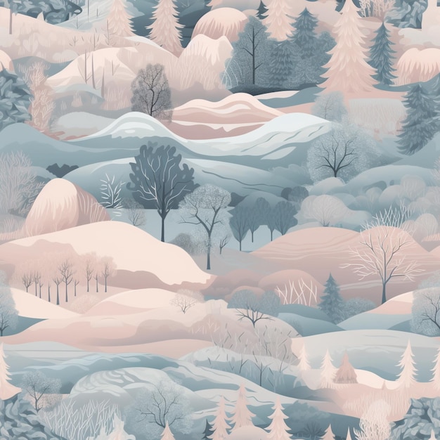 雪に覆われた風景 樹木と山々