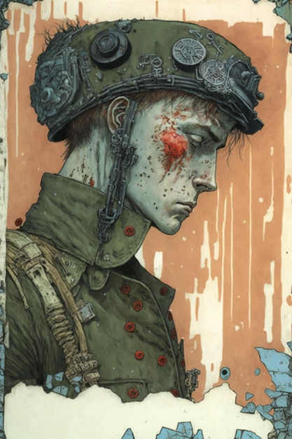 there is a picture of a soldier with a bloody face generative ai