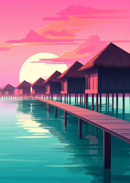 There is a picture of a sunset over a pier with huts generative ai