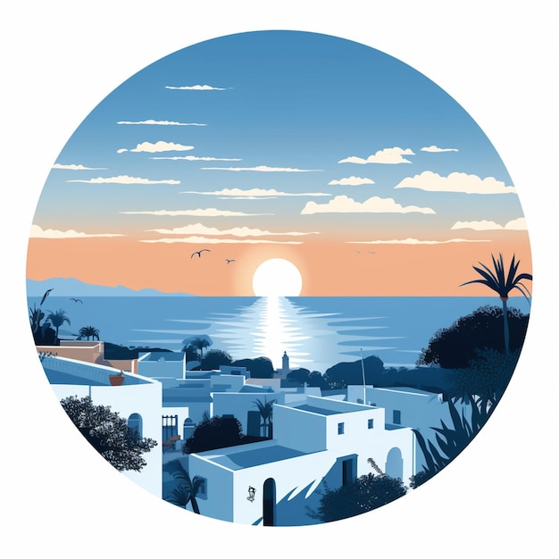 Photo there is a picture of a sunset over a town with a sea view generative ai