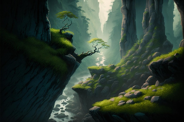 There is a picture of tree that in the middle mountain generative ai