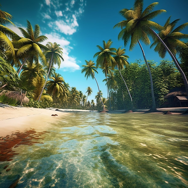 There is a picture of a tropical beach with palm trees generative ai