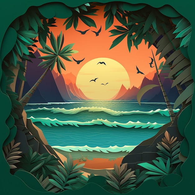 There is a picture of a tropical scene with a sunset generative ai