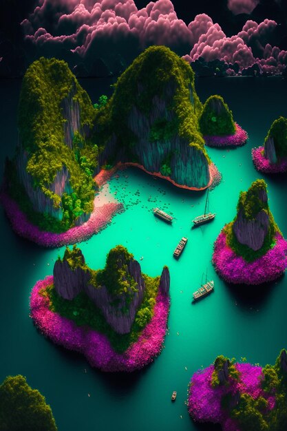 There is a picture of very colorful island with boat in the water generative ai