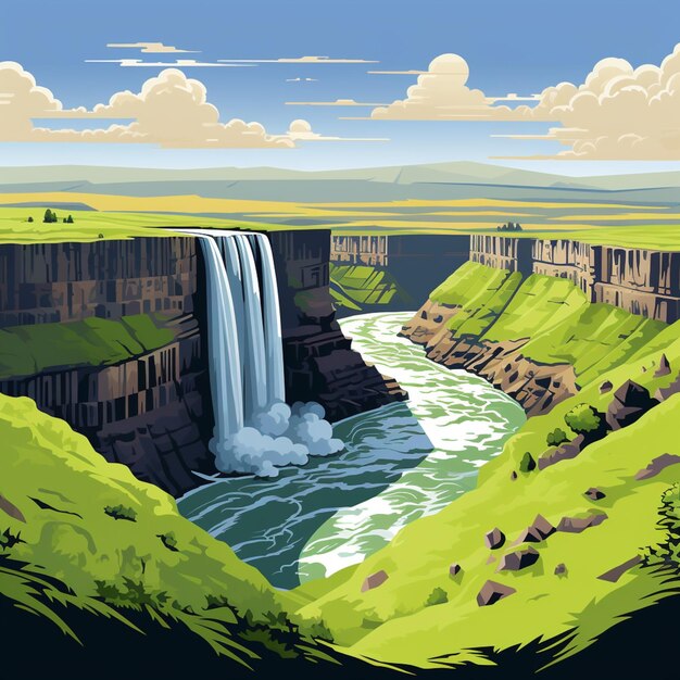 There is a picture of a waterfall in a valley with a sky background generative ai