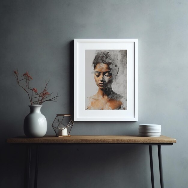There is a picture of a woman with a black face on a table generative ai