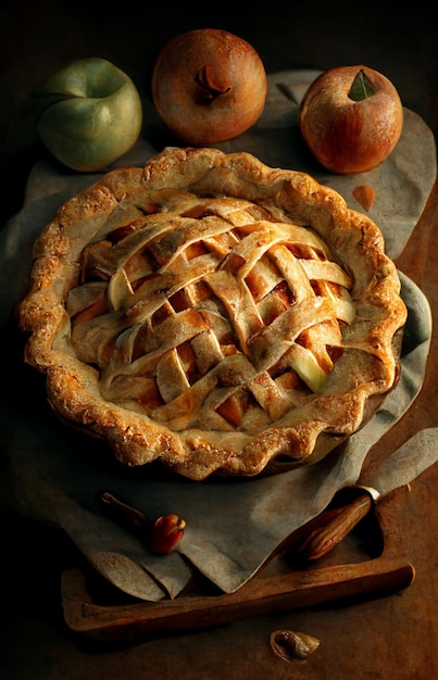 There is a pie crust with apples and on it generative ai