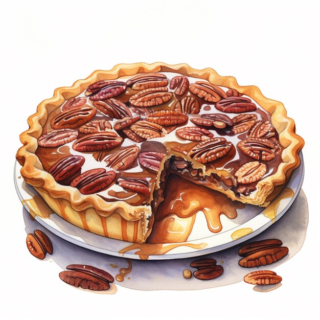 there is a pie with pecans on a plate with a slice missing generative ai